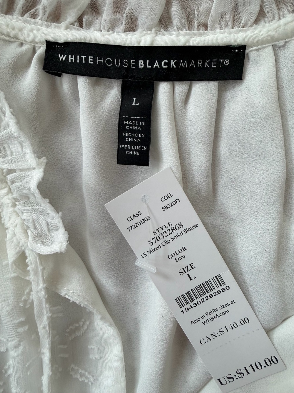 NWT White House Black Market Ecru Clip Dot Smocked Blouse Size L Peasant Ruffle - Picture 3 of 14